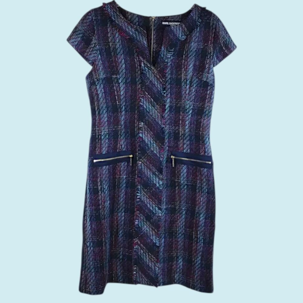 Karl Lagerfeld Dress Size 14 Tweed Sleeveless Shift Split V-neck Autumn Fall